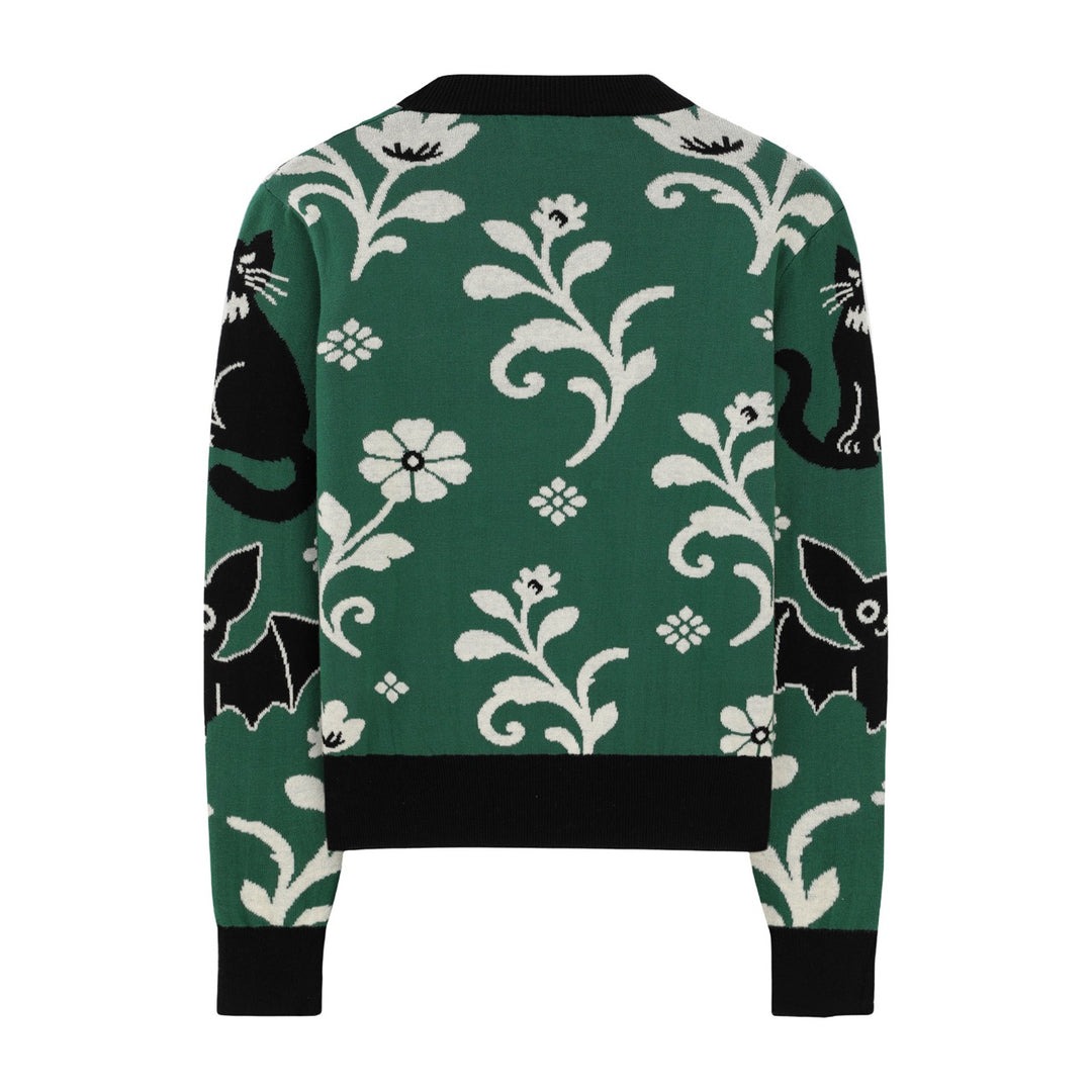 Damen Retro Grüner Fledermaus-Blumen Jacquard Strickpullover