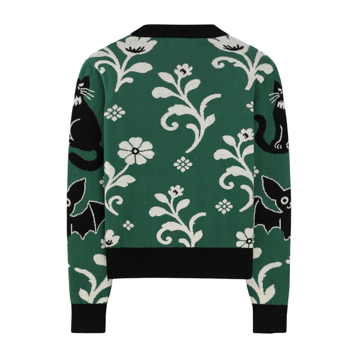 Damen Retro Grüner Fledermaus-Blumen Jacquard Strickpullover