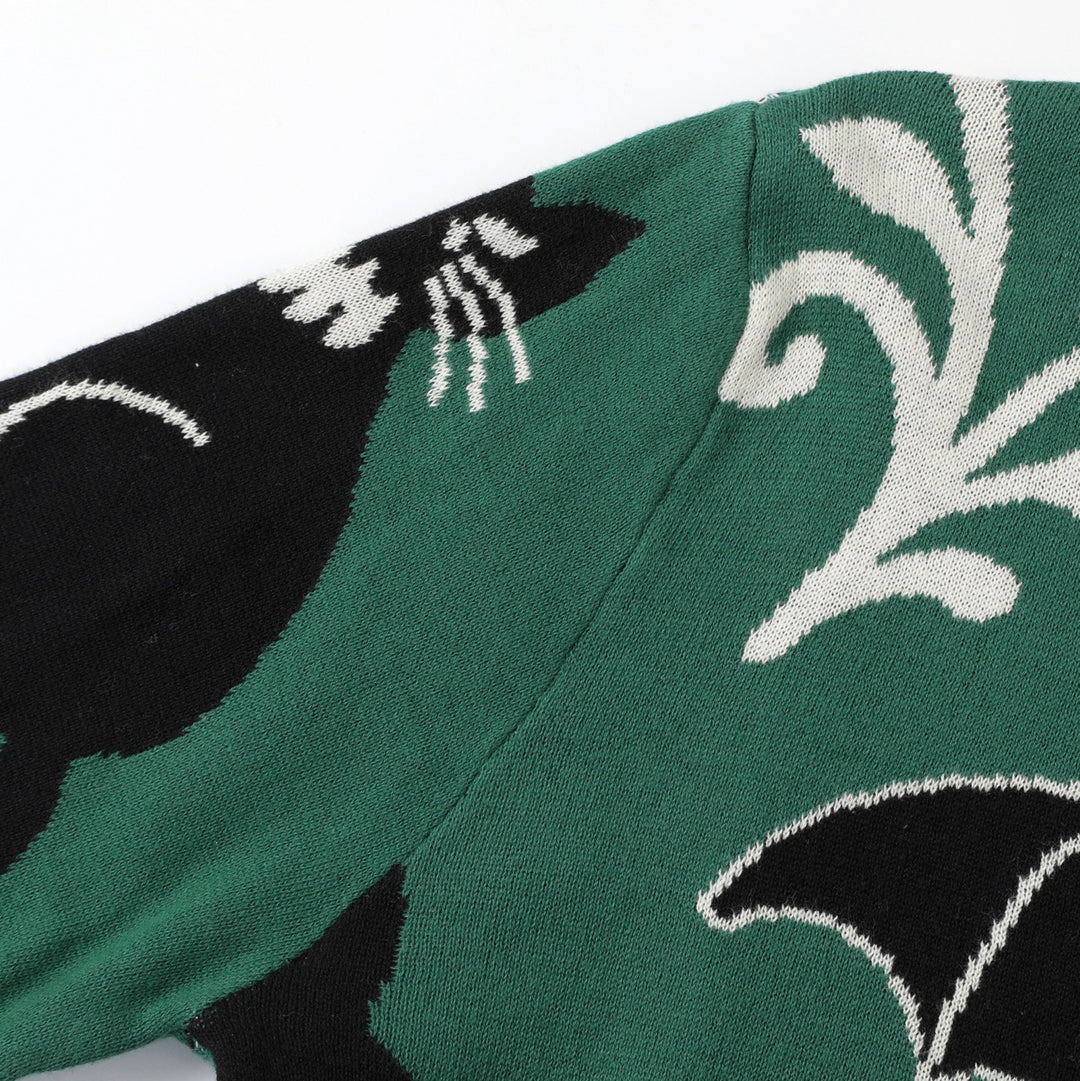 Damen Retro Grüner Fledermaus-Blumen Jacquard Strickpullover
