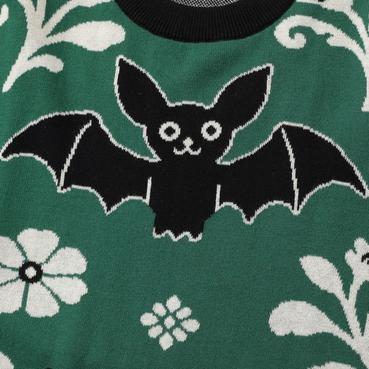 Damen Retro Grüner Fledermaus-Blumen Jacquard Strickpullover