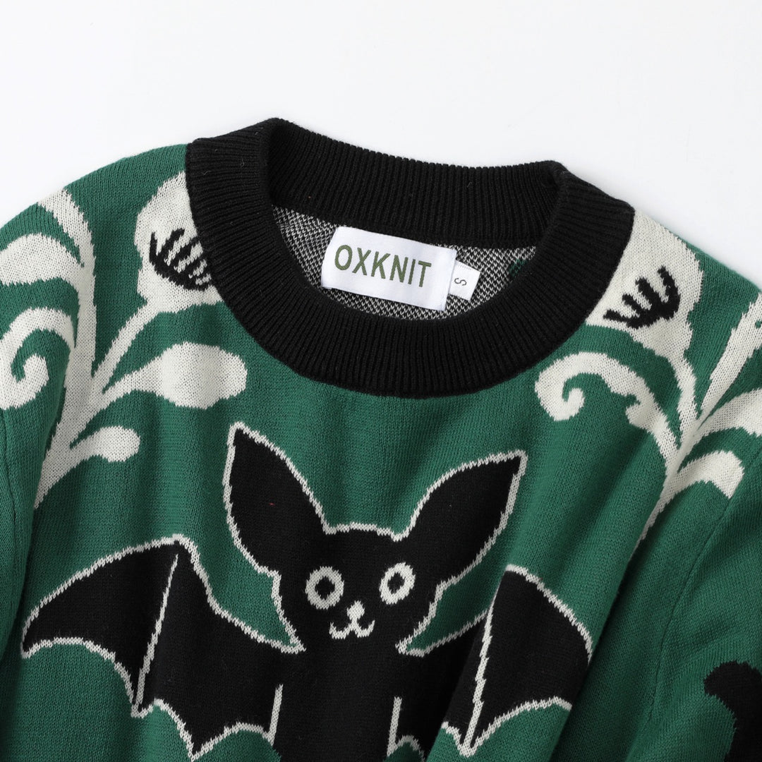 Damen Retro Grüner Fledermaus-Blumen Jacquard Strickpullover