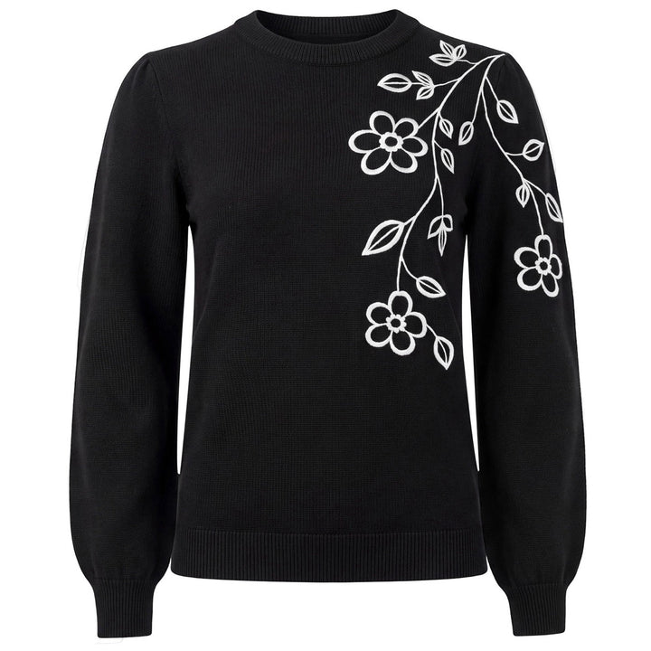 Women's 70s Retro Black Floral Embroidery Knitwear