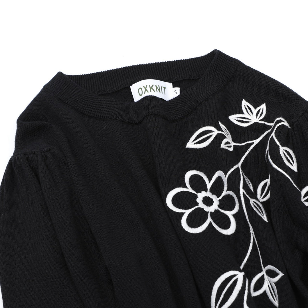Women's 70s Retro Black Floral Embroidery Knitwear