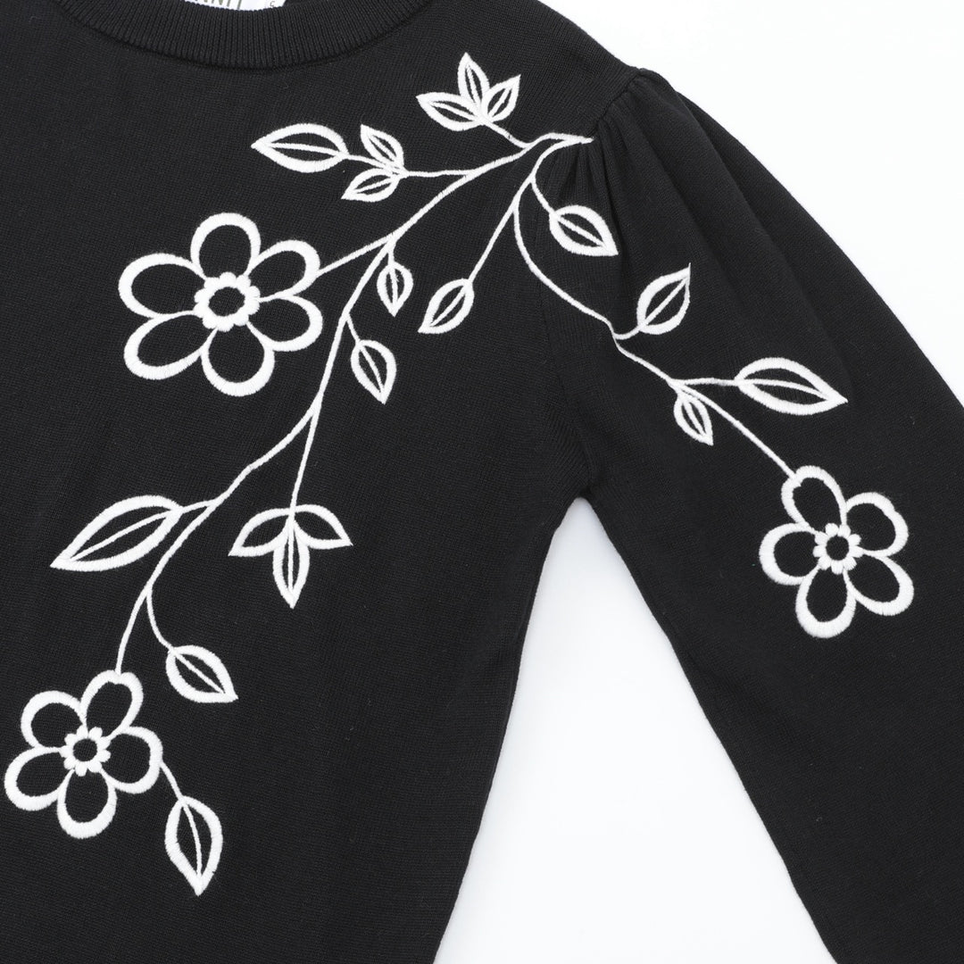 Women's 70s Retro Black Floral Embroidery Knitwear
