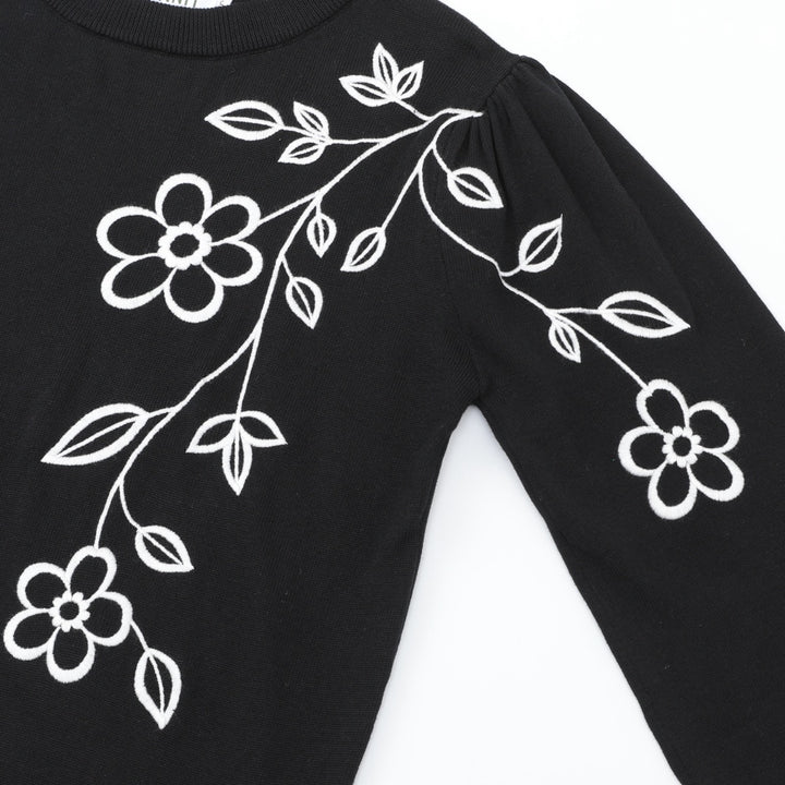 Women's 70s Retro Black Floral Embroidery Knitwear