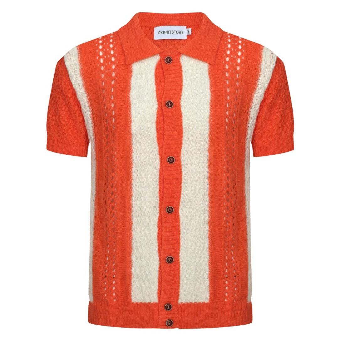 OXKNIT Men Vintage Clothing 1960s Mod Style Casual Beach Orange Knitted Resort Shirt Retro Polo 