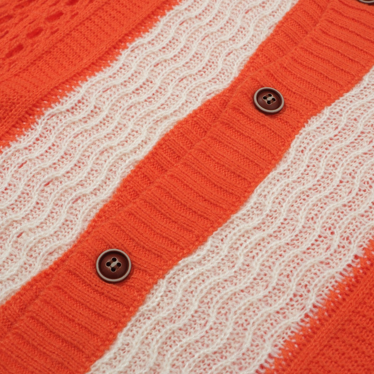 OXKNIT Men's Orange Wavy Stripes Beach Knitted Resort Polo Shirt, L
