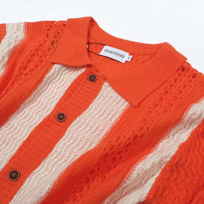 OXKNIT Men Vintage Clothing 1960s Mod Style Casual Beach Orange Knitted Resort Shirt Retro Polo 