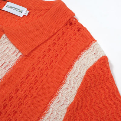 OXKNIT Men Vintage Clothing 1960s Mod Style Casual Beach Orange Knitted Resort Shirt Retro Polo 