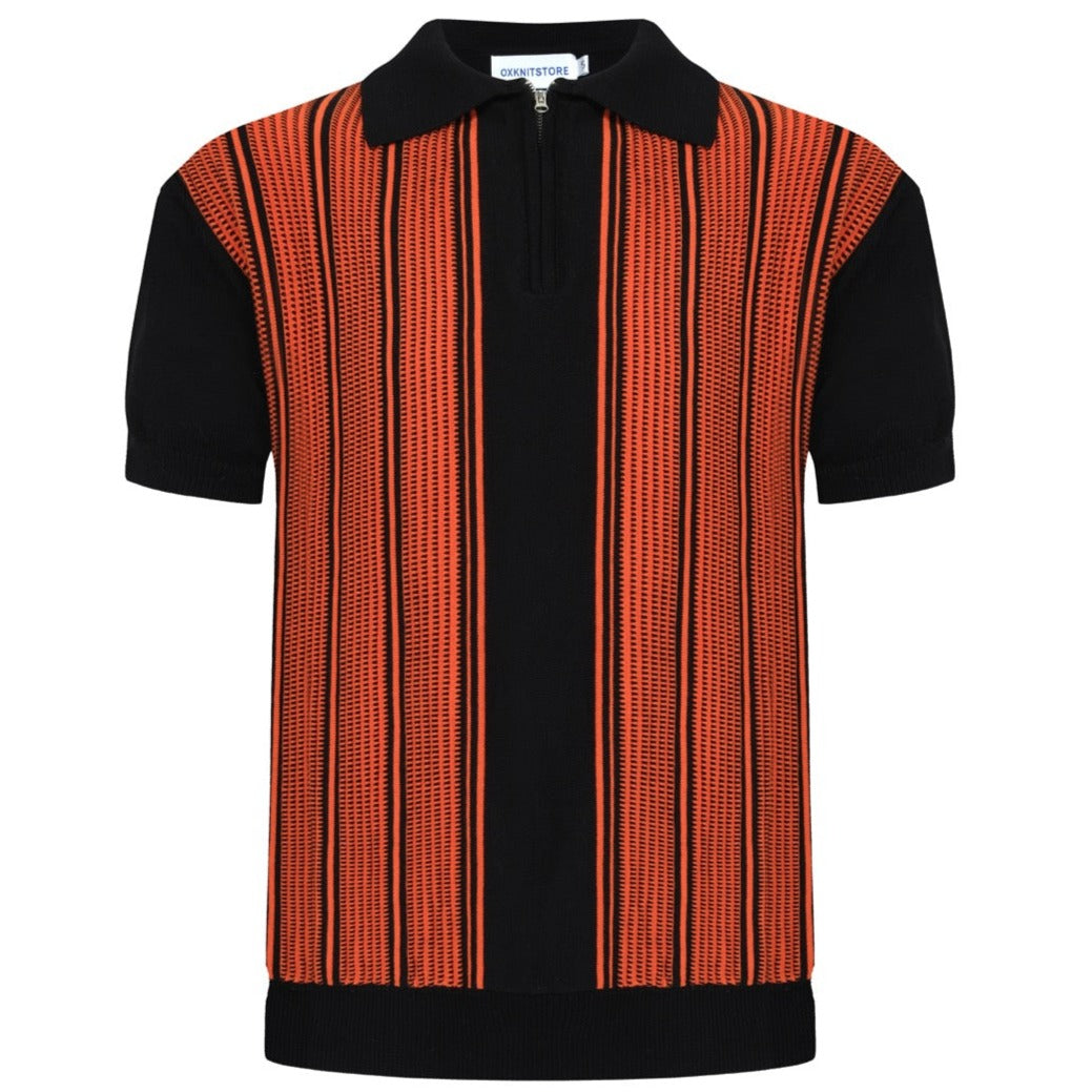 OXKNIT Men Vintage Clothing 1960s Mod Style Casual Black & Orange Knit Retro Polo