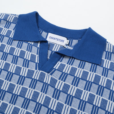 OXKNIT Men Vintage Clothing 1960s Mod Style Casual Blue Knitted Retro Polo Shirt