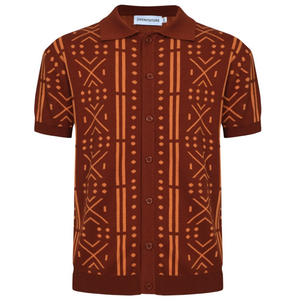OXKNIT Men Vintage Clothing 1960s Mod Style Casual Brown Knit Retro Polo