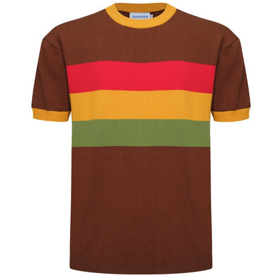OXKNIT Men Vintage Clothing 1960s Mod Style Casual Brown & Yellow Knitting Short Sleeve Retro Tshirt