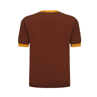 OXKNIT Men Vintage Clothing 1960s Mod Style Casual Brown & Yellow Knitting Short Sleeve Retro Tshirt