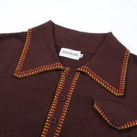 Men's 70s Mod Knit Shirt – Brown with Yellow & Red Checker Trim