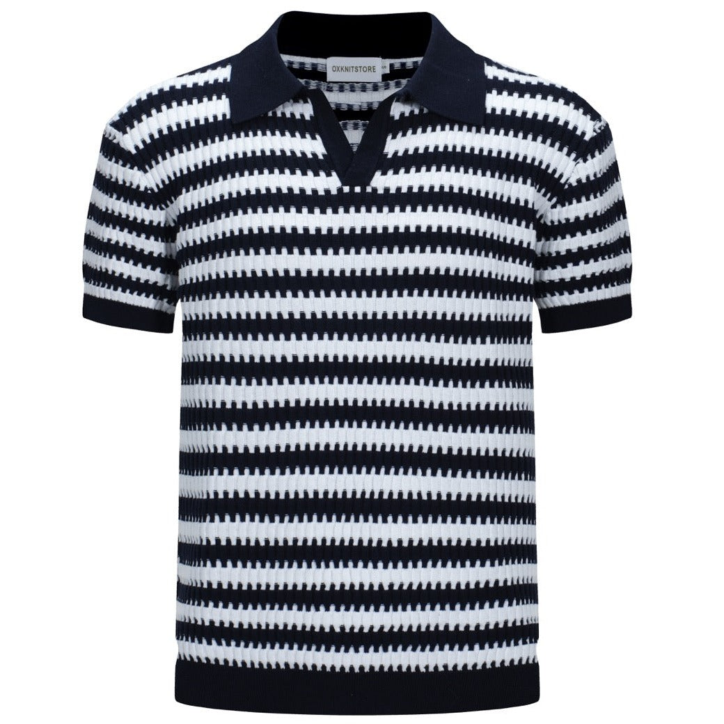 OXKNIT Men Vintage Clothing 1960s Mod Style Casual Dark Blue Jagged Knitted Retro Polo Shirt