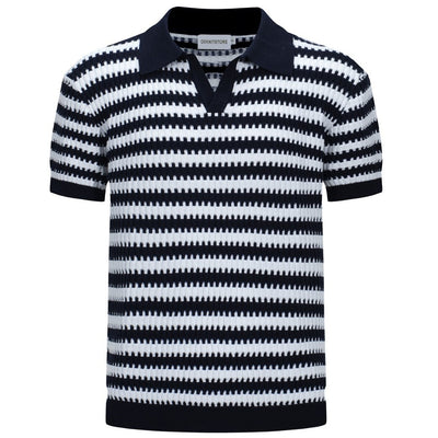 OXKNIT Men Vintage Clothing 1960s Mod Style Casual Dark Blue Jagged Knitted Retro Polo Shirt