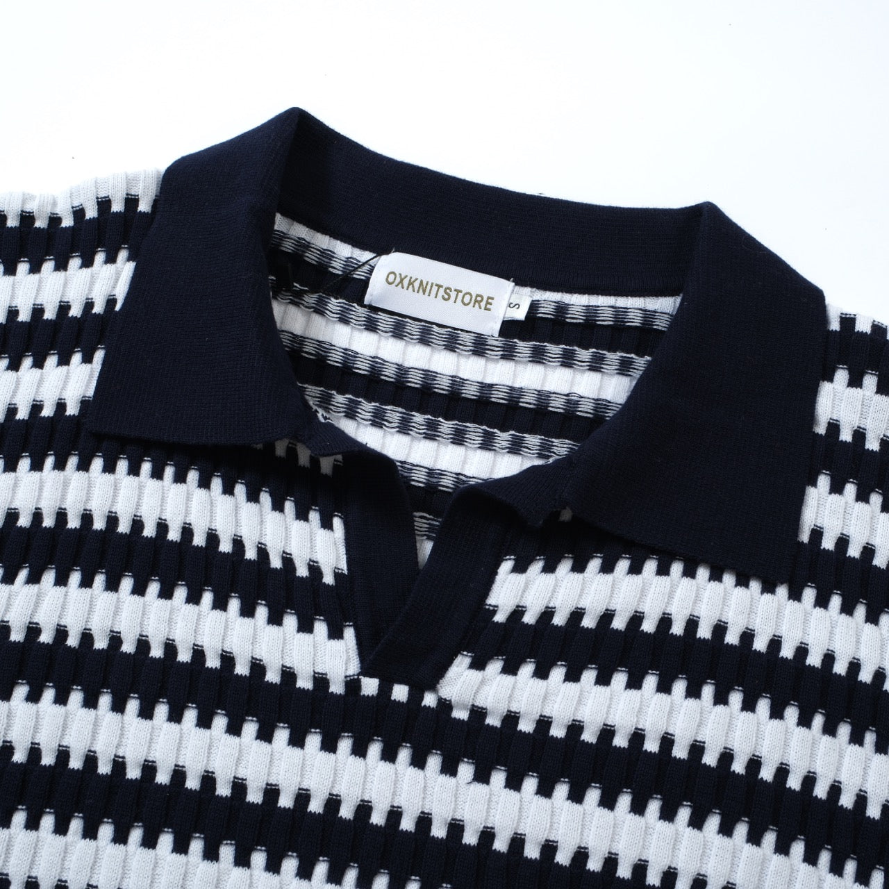 OXKNIT Men Vintage Clothing 1960s Mod Style Casual Dark Blue Jagged Knitted Retro Polo Shirt