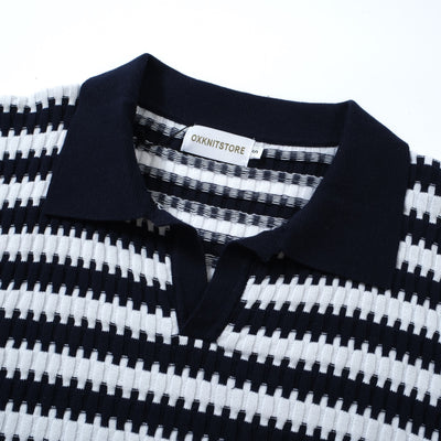 OXKNIT Men Vintage Clothing 1960s Mod Style Casual Dark Blue Jagged Knitted Retro Polo Shirt