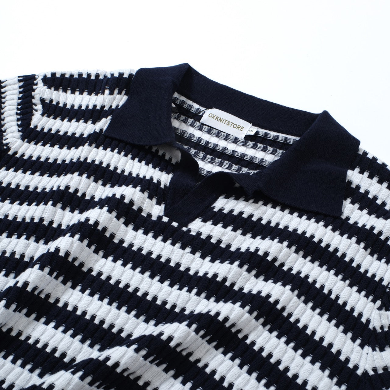 OXKNIT Men Vintage Clothing 1960s Mod Style Casual Dark Blue Jagged Knitted Retro Polo Shirt