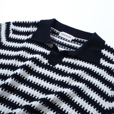 OXKNIT Men Vintage Clothing 1960s Mod Style Casual Dark Blue Jagged Knitted Retro Polo Shirt