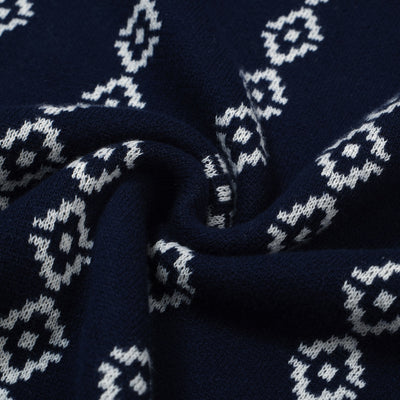 Men's Dark Blue Knit Polo Shirts With White Geometric Pattern