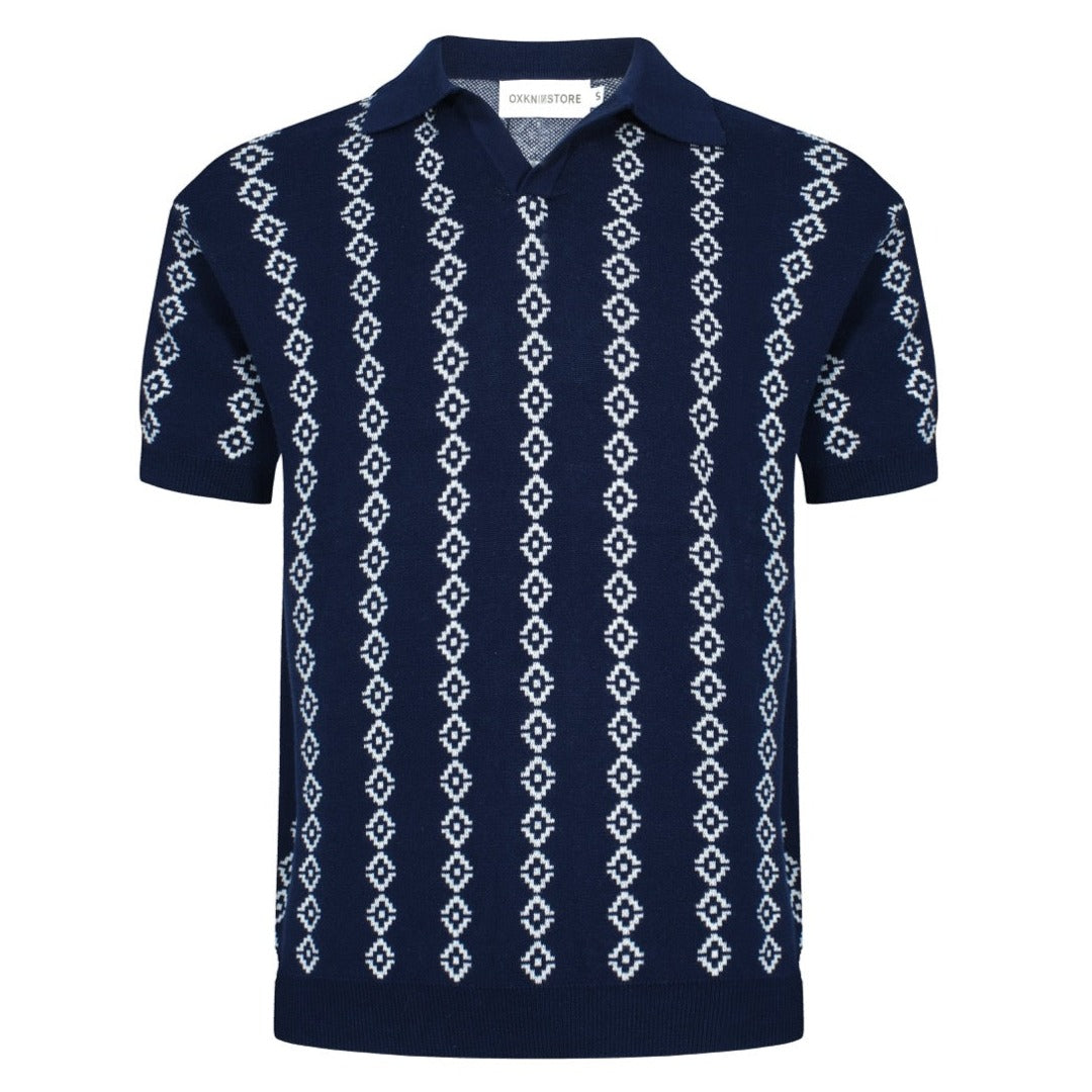 OXKNIT Men Vintage Clothing 1960s Mod Style Casual  Dark Blue Knit Retro Polo Shirts