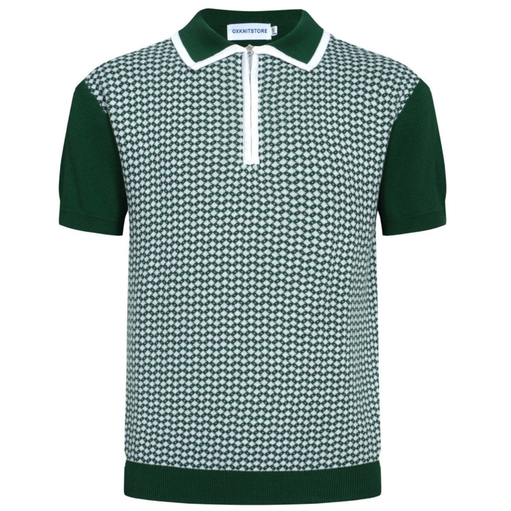 OXKNIT Men Vintage Clothing 1960s Mod Style Casual Dark Green Knit Retro Polo