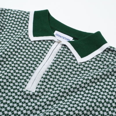 OXKNIT Men Vintage Clothing 1960s Mod Style Casual Dark Green Knit Retro Polo