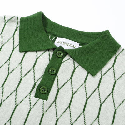 OXKNIT Men Vintage Clothing 1960s Mod Style Casual Dark Green Polo Knitted Retro Wear