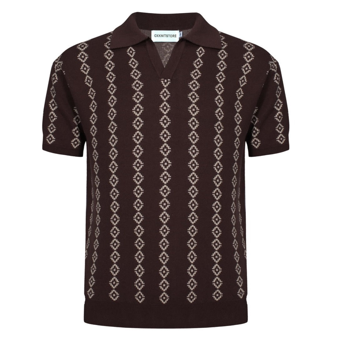 OXKNIT Men Vintage Clothing 1960s Mod Style Casual Deep Brown Knit Retro Polo Shirts
