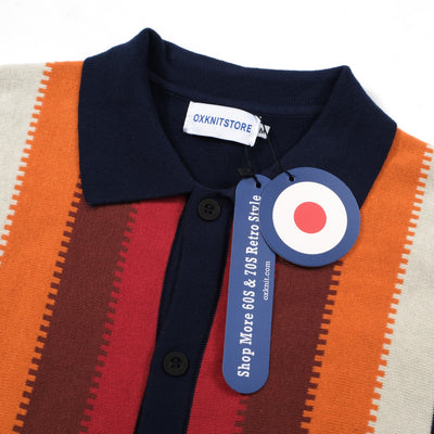 OXKNIT Men Vintage Clothing 1960s Mod Style Casual Gradient Orange & Navy Blue Retro Polo 