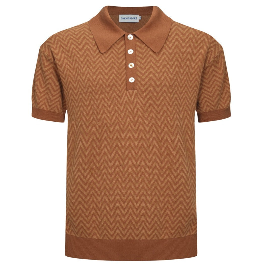 OXKNIT Men Vintage Clothing 1960s Mod Style Casual Herringbone Fine Gauge Knitted Retro Polo