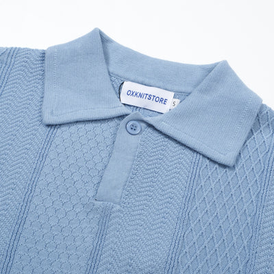 OXKNIT Men Vintage Clothing 1960s Mod Style Casual Light Blue Knit Retro Polo