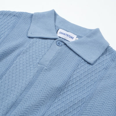 OXKNIT Men Vintage Clothing 1960s Mod Style Casual Light Blue Knit Retro Polo