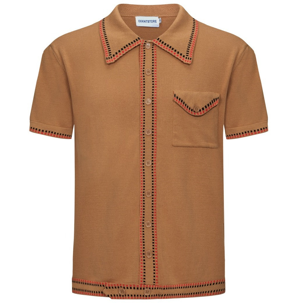 OXKNIT Men Vintage Clothing 1960s Mod Style Casual Light Brown Crawdaddy Knit Retro Polo