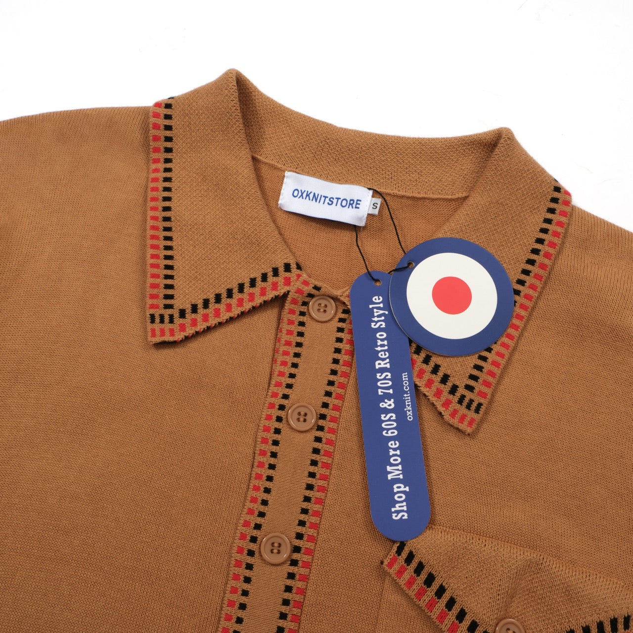 OXKNIT Men Vintage Clothing 1960s Mod Style Casual Light Brown Crawdaddy Knit Retro Polo