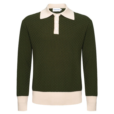 OXKNIT Men Vintage Clothing 1960s Mod Style Casual Long Sleeve Knitted Green Retro Polo