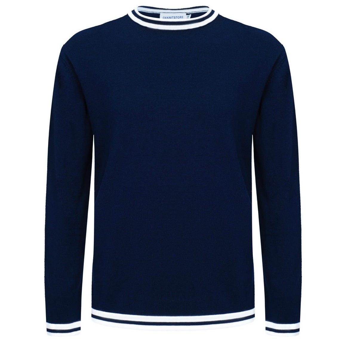 OXKNIT Men Vintage Clothing 1960s Mod Style Casual Navy Blue Knit Long Sleeve Solid Retro Tshirt