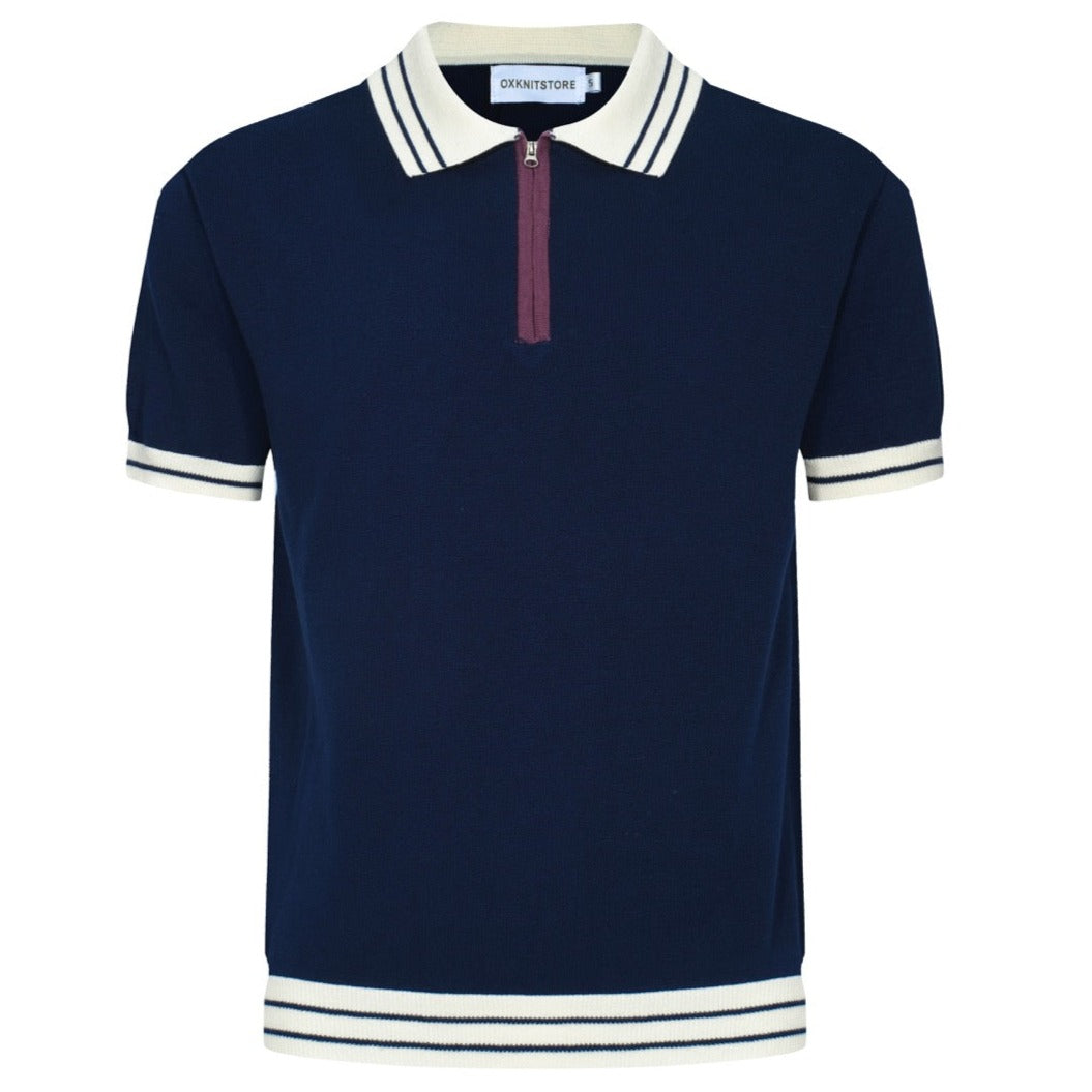 OXKNIT Men Vintage Clothing 1960s Mod Style Casual Navy Blue Polo Knitted Retro Top