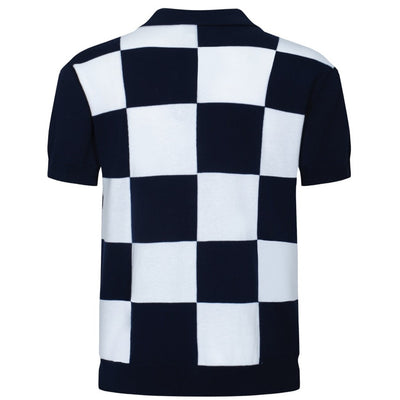 OXKNIT Men Vintage Clothing 1960s Mod Style Casual Navy Checkerboard Knitted Retro Polo Shirt