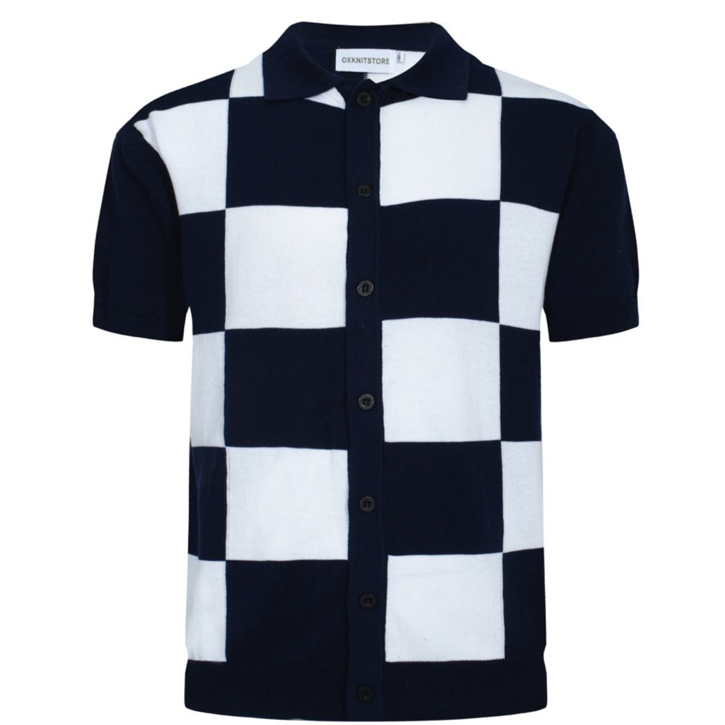 OXKNIT Men Vintage Clothing 1960s Mod Style Casual Navy Checkerboard Knitted Retro Polo Shirt