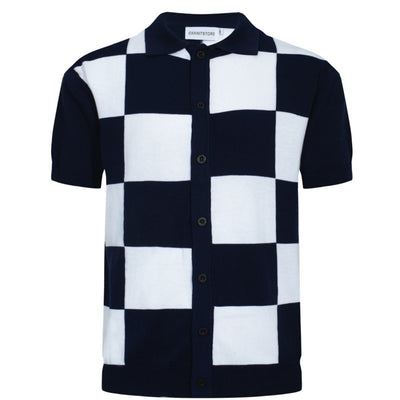 OXKNIT Men Vintage Clothing 1960s Mod Style Casual Navy Checkerboard Knitted Retro Polo Shirt
