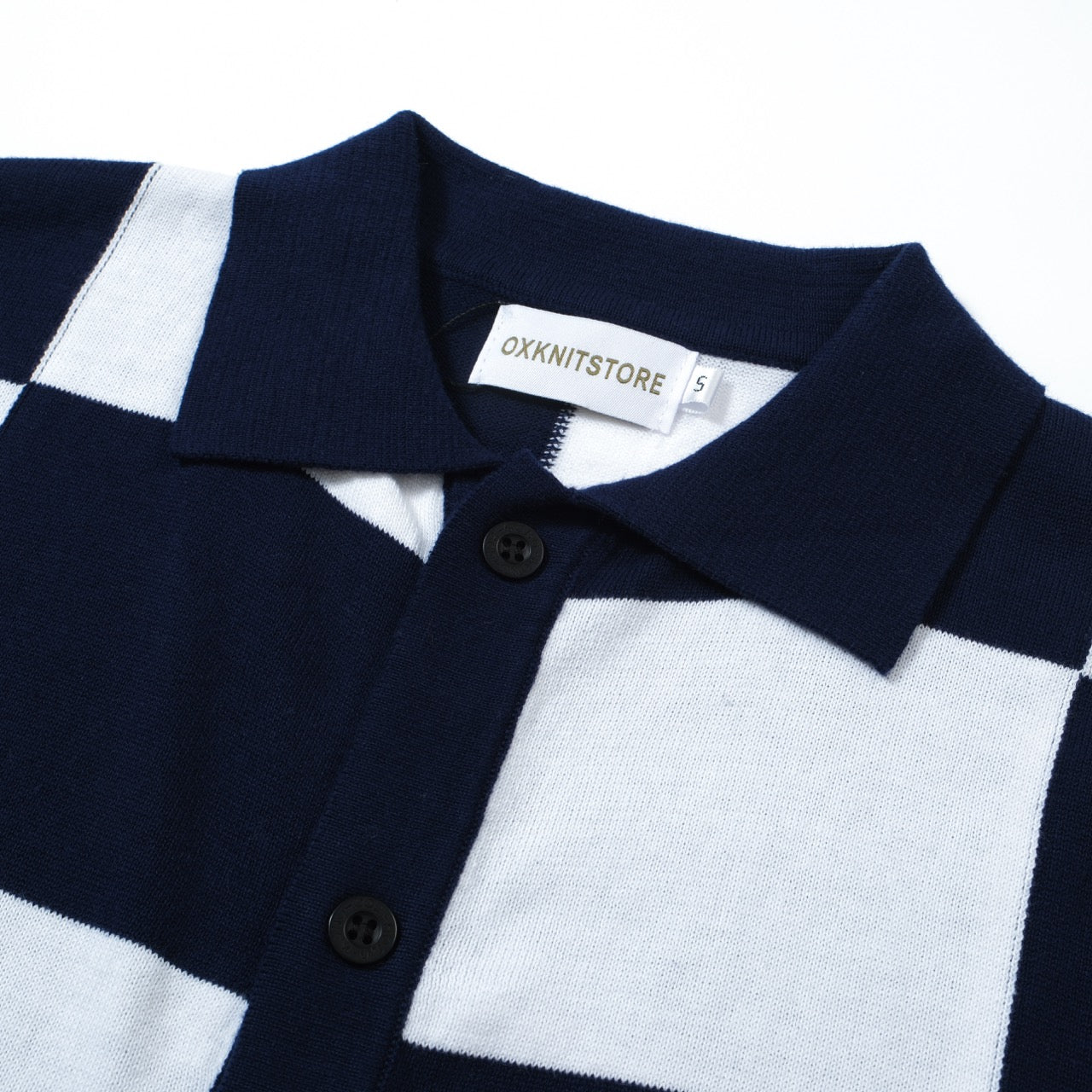 OXKNIT Men Vintage Clothing 1960s Mod Style Casual Navy Checkerboard Knitted Retro Polo Shirt