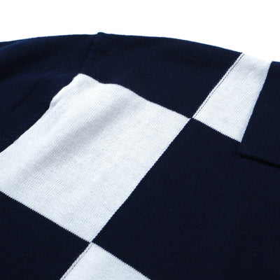 OXKNIT Men Vintage Clothing 1960s Mod Style Casual Navy Checkerboard Knitted Retro Polo Shirt