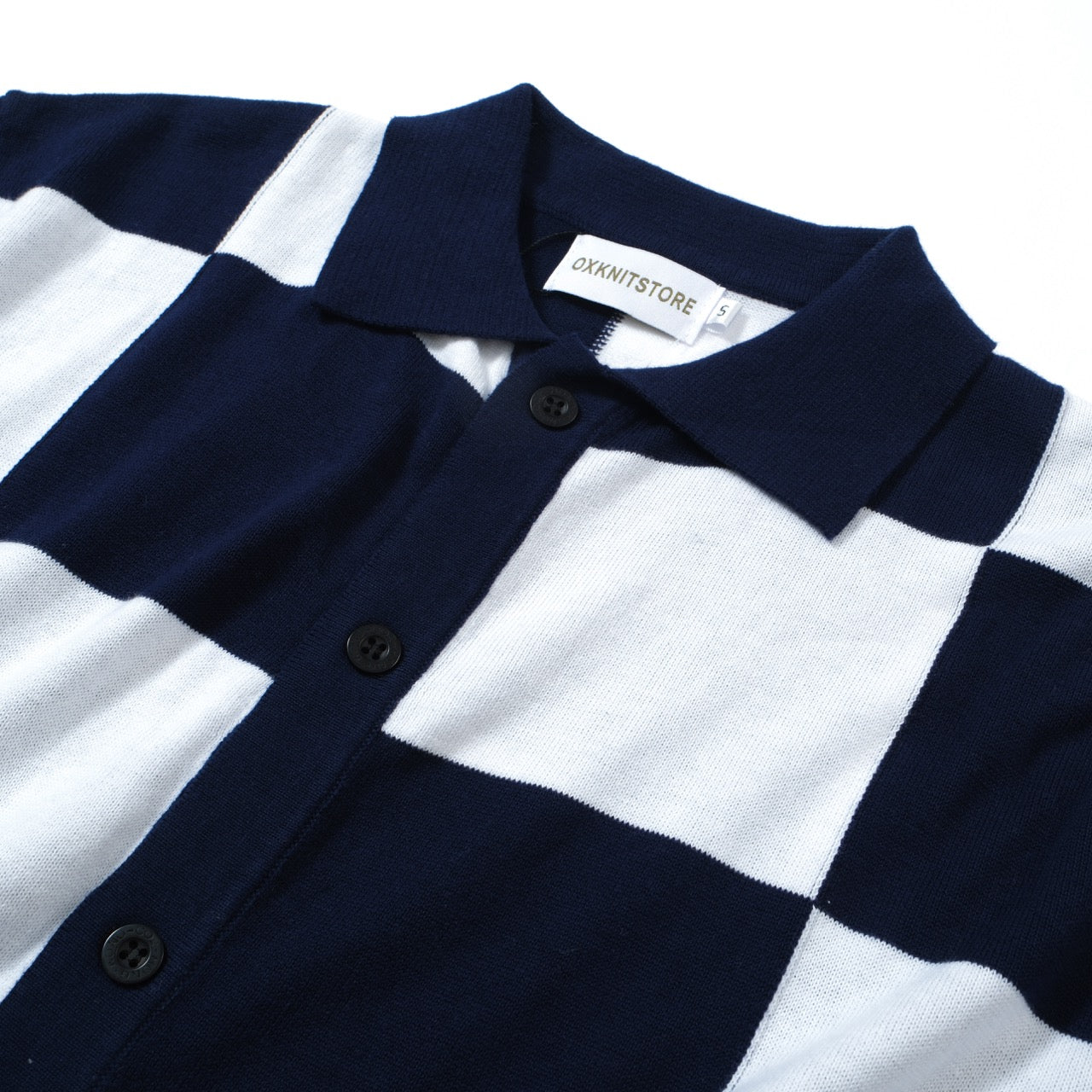 OXKNIT Men Vintage Clothing 1960s Mod Style Casual Navy Checkerboard Knitted Retro Polo Shirt