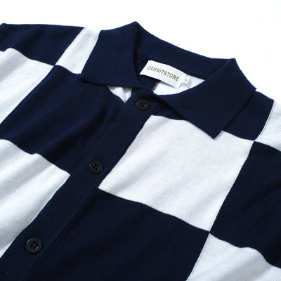 OXKNIT Men Vintage Clothing 1960s Mod Style Casual Navy Checkerboard Knitted Retro Polo Shirt
