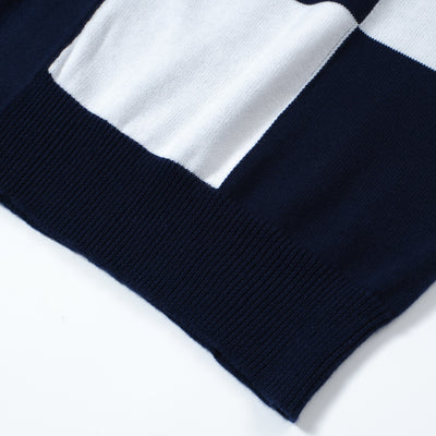 OXKNIT Men Vintage Clothing 1960s Mod Style Casual Navy Checkerboard Knitted Retro Polo Shirt