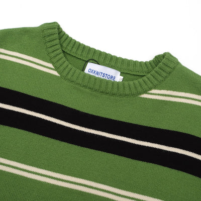 OXKNIT Men Vintage Clothing 1960s Mod Style Casual  Pinstripe Green Long Sleeve Retro Sweater