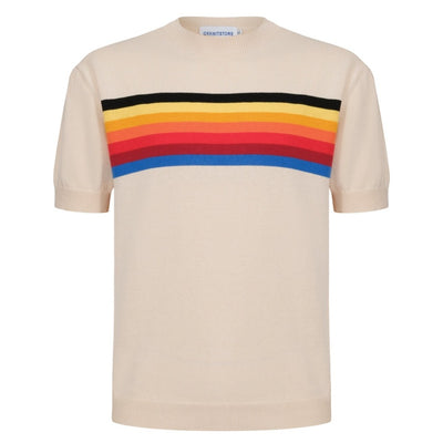 OXKNIT Men Vintage Clothing 1960s Mod Style Casual Rainbow Chest Stripe Knitted Retro Tee (Ecru)